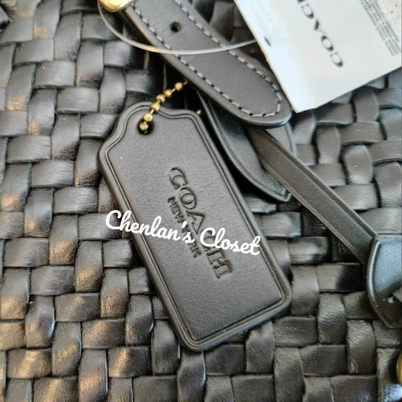 Coach Black Woven Leather Swing Tote Carryall Shoulder Bag Purse - Picture 8 of 13